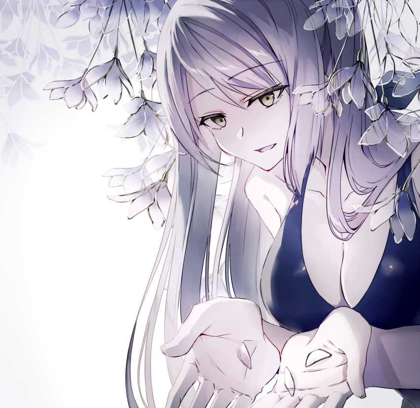 1girl, :d, akami_fumio, bangs, bare_shoulders, bikini, black_bikini, breasts