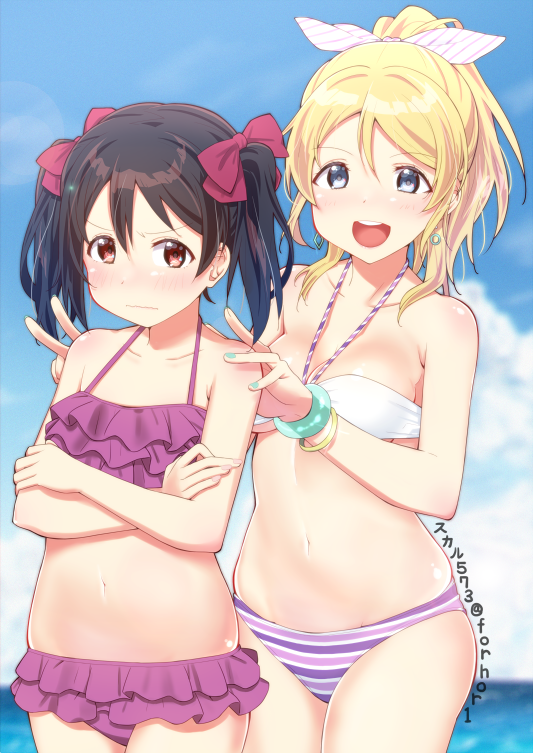 10s, 2girls, :d, ayase_eli, bikini, black_hair, blonde_hair, blue_eyes