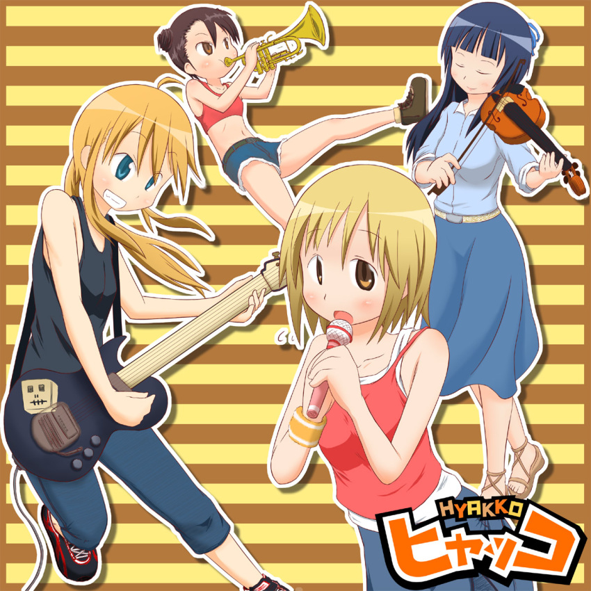 bad_id, blonde_hair, blue_eyes, blue_hair, brown_eyes, brown_hair, denim, denim_shorts