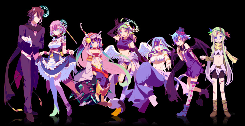 2boys, 5girls, ahoge, asymmetrical_legwear, azriel_(no_game_no_life), bangs, bare_shoulders, bike_shorts