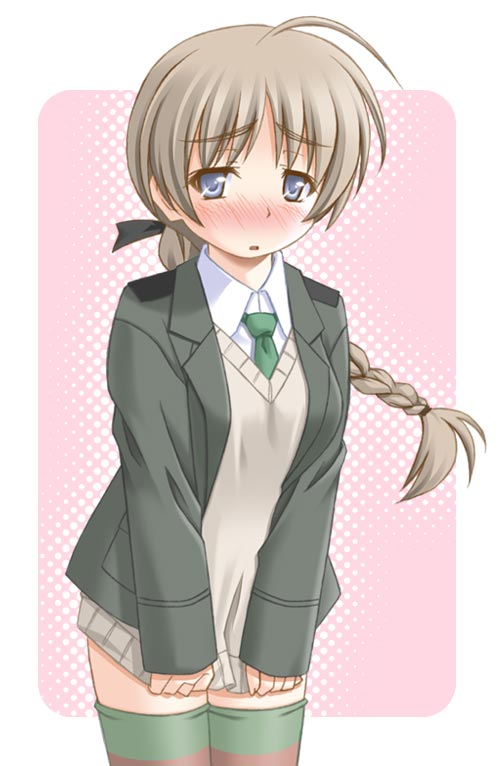 blush, braid, brown_hair, covering, covering_crotch, lynette_bishop, shirt_tug, shiumai