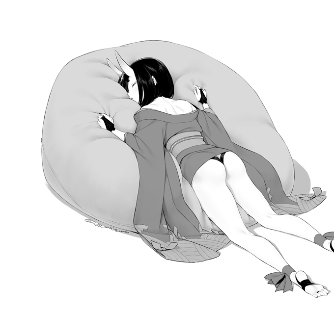 1girl, ankle_ribbon, ass, bare_shoulders, bean_bag_chair, bob_cut, bridal_gauntlets, closed_eyes