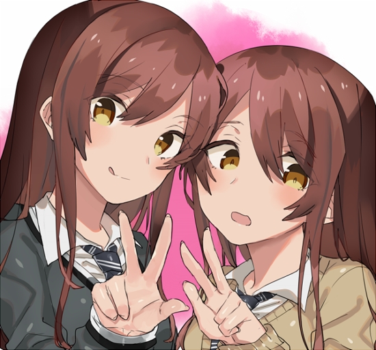 2girls, bangs, black_neckwear, blush, brown_hair, cardigan, collared_shirt, eyebrows