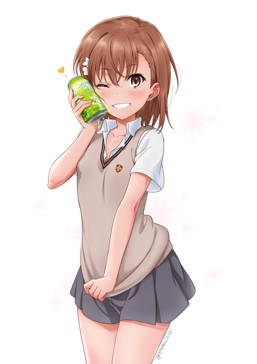 1girl, ;d, bangs, black_skirt, blush, brown_eyes, brown_hair, can