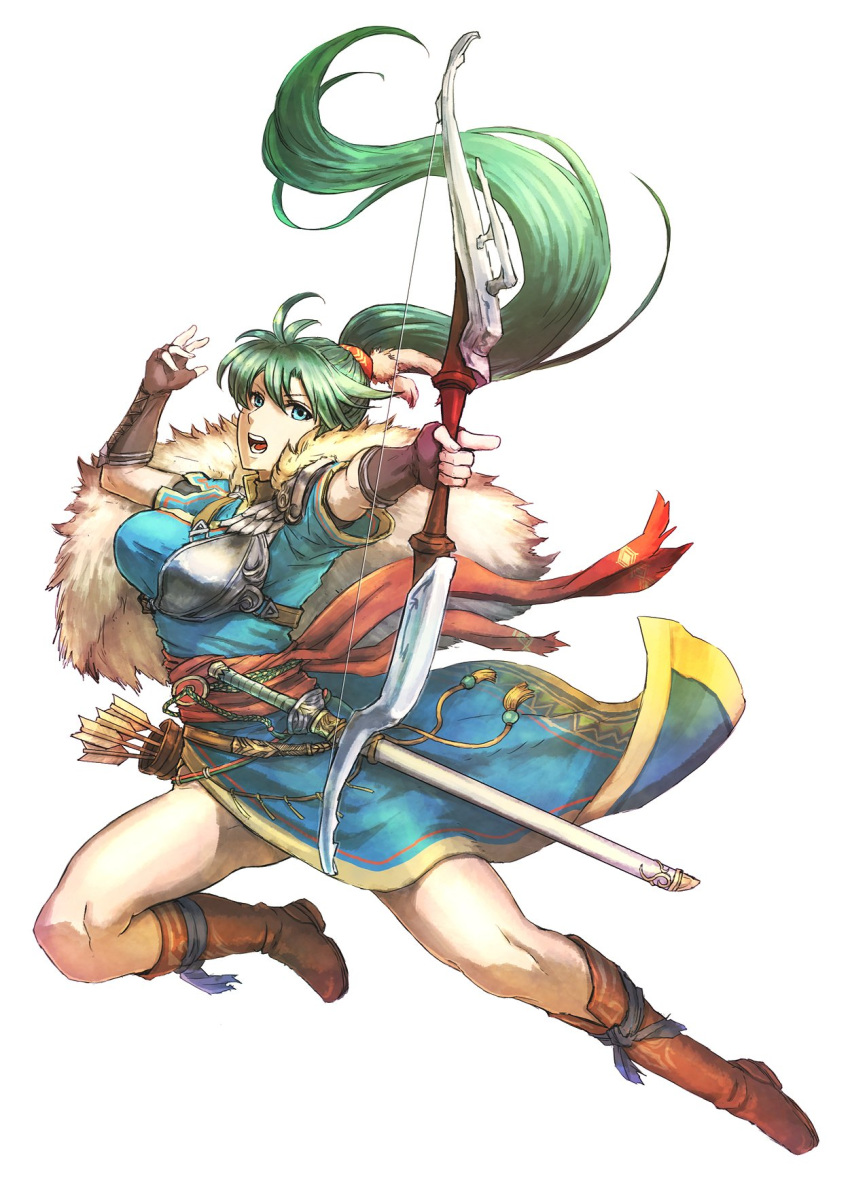 1girl, arrow, bow_(weapon), dress, earrings, fingerless_gloves, fire_emblem, fire_emblem:_rekka_no_ken