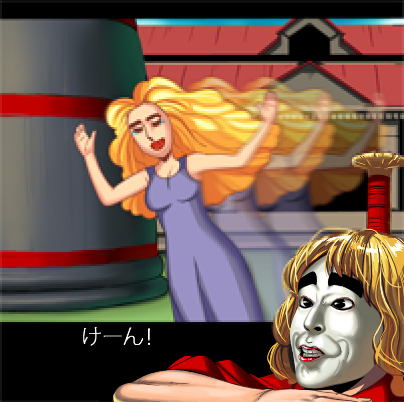 black_eyes, blonde_hair, closed_eyes, dress, eliza_masters, ending, grin, ken_masters