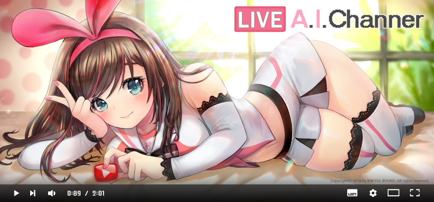 1girl, a.i._channel, absurdres, aqua_eyes, arm_warmers, bangs, bare_shoulders, blush