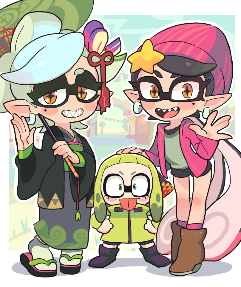 +_+, 3girls, agent_4_(splatoon), beanie, blush_stickers, boots, callie_(splatoon), earrings
