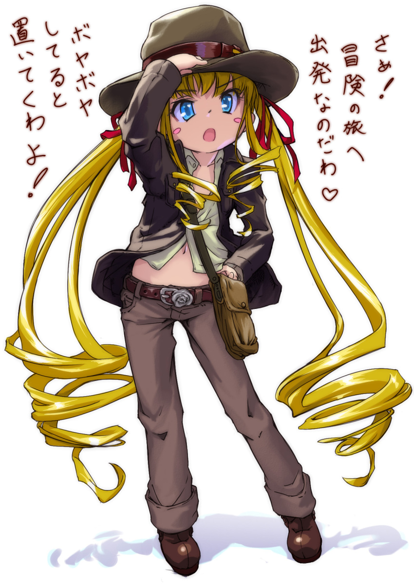 1girl, belt, blonde_hair, blue_eyes, blush_stickers, boots, cosplay, cowboy_hat