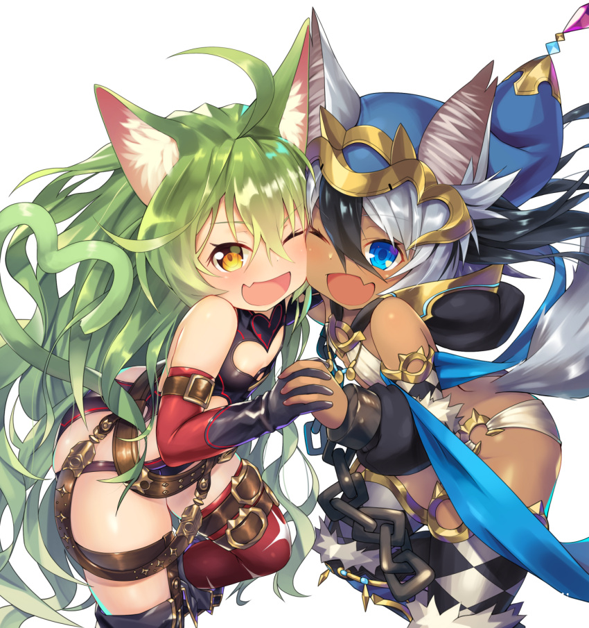 2girls, :d, ;d, ahoge, animal_ears, argyle, argyle_legwear, bare_shoulders