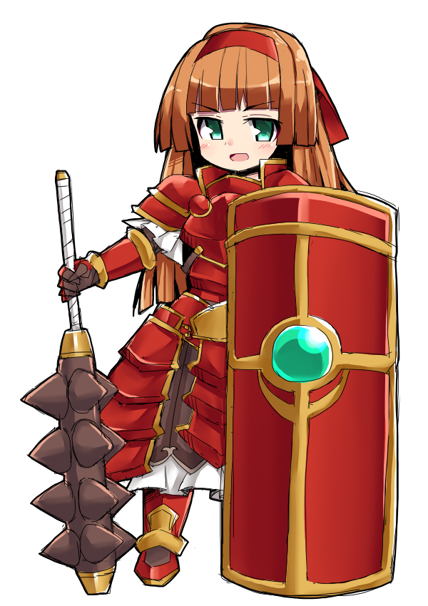 1girl, aqua_eyes, armor, armored_dress, bangs, blunt_bangs, brown_hair, full_body