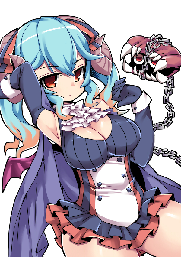 1girl, armpits, blue_hair, breasts, brown_hair, cape, chains, cleavage