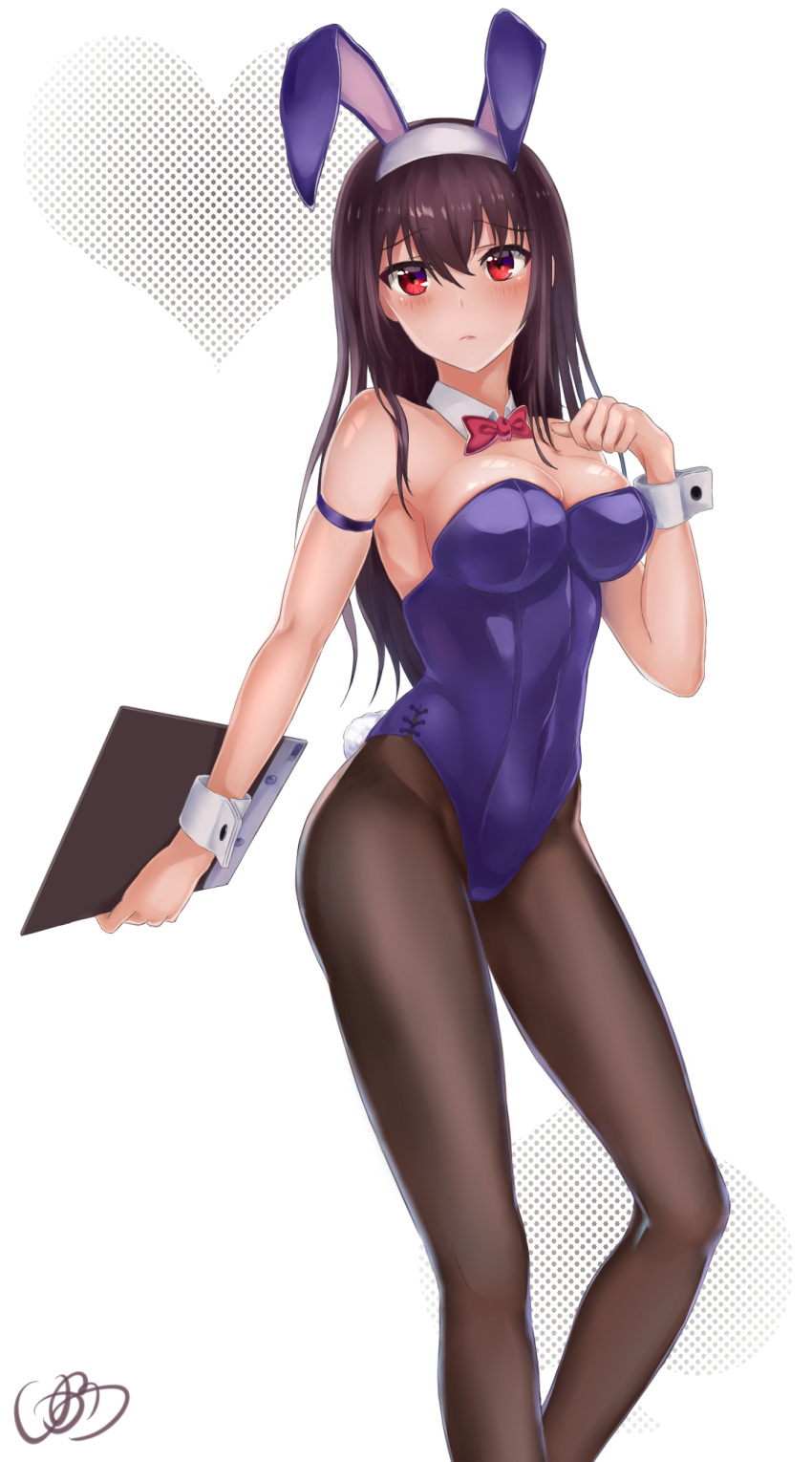 1girl, animal_ears, black_hair, black_legwear, bow, bowtie, breasts, bunny_girl