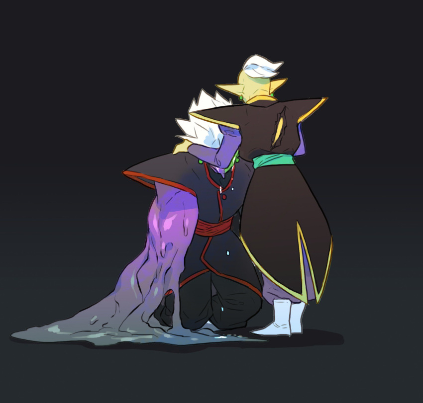 2boys, back_turned, belt, black_background, boots, crying, dragon_ball, dragon_ball_super, earrings, full_body, fused_zamasu, gowasu, hands_on_another's_shoulders, highres, jewelry, kneeling, long_sleeves, male_focus, mohawk, multiple_boys, pointy_ears, potara_earrings, sad, short_hair, simple_background, standing, tears, torn_clothes, white_hair, yellow_skin, zamasu