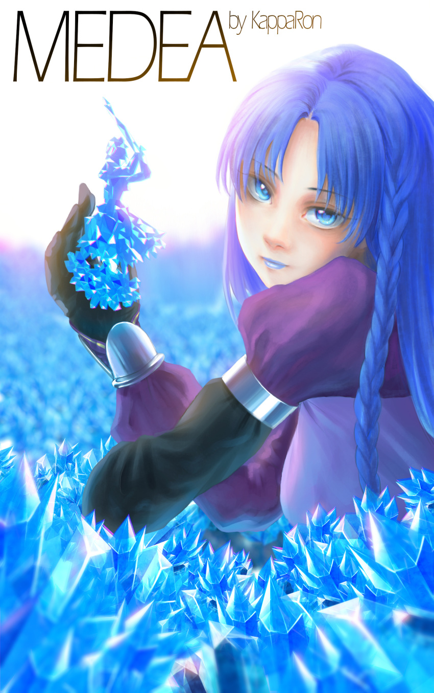 1girl, absurdres, artist_name, blue_eyes, blue_hair, blue_lipstick, braid, caster, character_name, commentary_request, crystal, fate/grand_order, fate/stay_night, fate_(series), figure, flower, gloves, highres, kappa-ron, lipstick, long_hair, looking_at_viewer, looking_back, makeup, medea_(fate)_(all), side_braid, solo