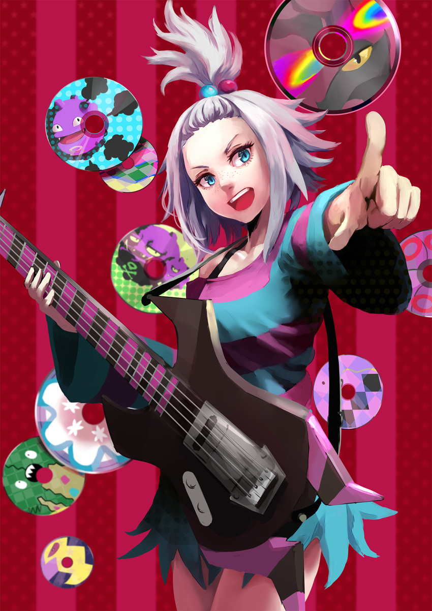 1girl, alola_form, alolan_muk, bare_shoulders, bass_guitar, blue_eyes, cd, collarbone, cowboy_shot, dress, eyelashes, freckles, garbodor, gen_1_pokemon, gen_3_pokemon, gen_5_pokemon, gen_7_pokemon, hair_bobbles, hair_ornament, highres, homika_(pokemon), horizontal_stripes, instrument, koffing, nihilego, off-shoulder_dress, off_shoulder, open_mouth, pointing, pokemon, pokemon_(game), pokemon_bw2, scolipede, seviper, solo, striped, striped_background, striped_dress, swalot, topknot, ultra_beast, weezing, whirlipede, white_hair, yasaidon