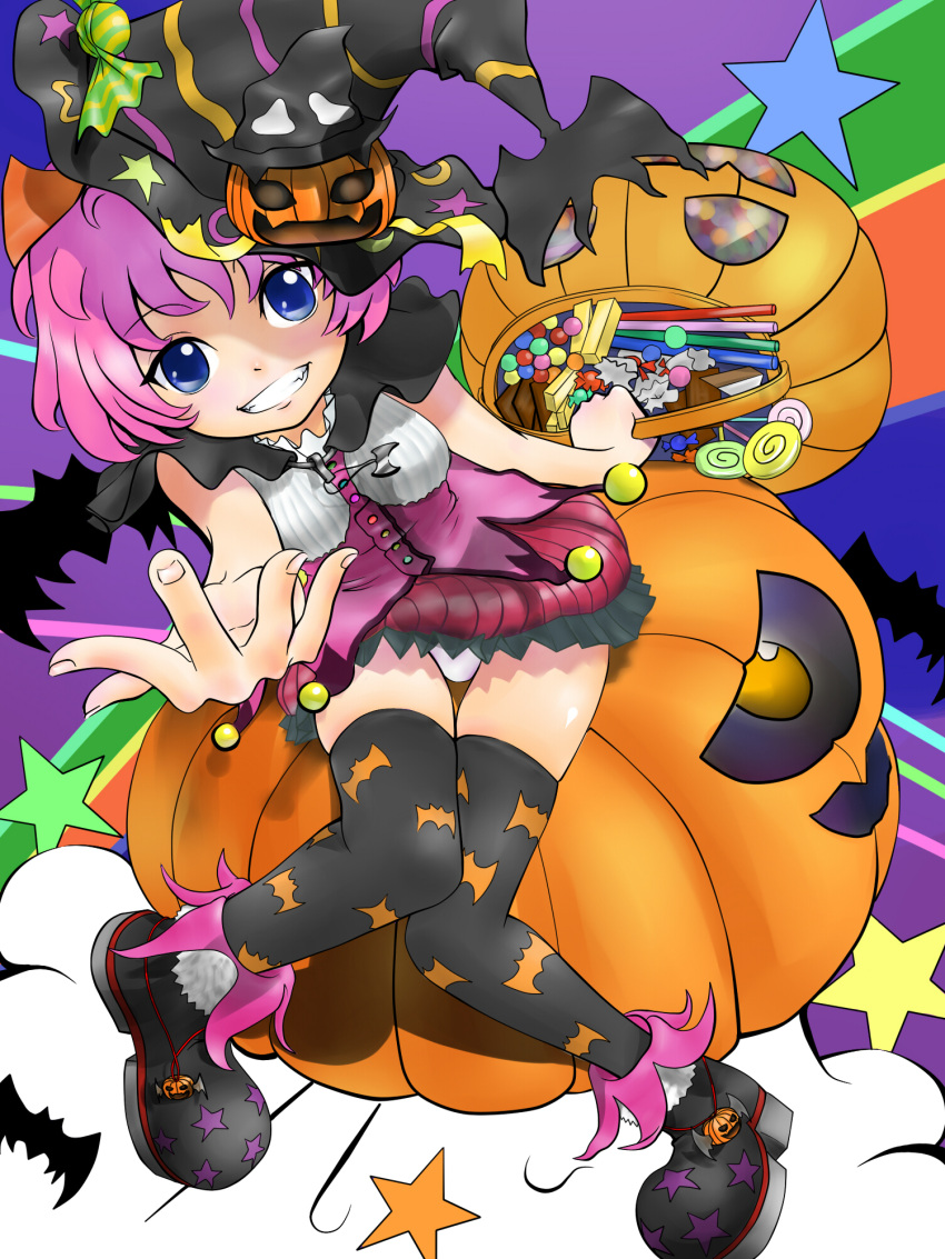 bad_id, black_legwear, blue_eyes, boots, candy, grin, halloween, hat