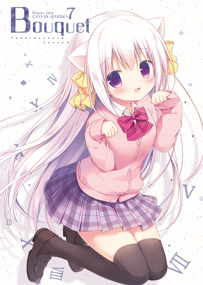 1girl, :d, animal_ears, bangs, black_footwear, black_legwear, blush, bow, bowtie, cardigan, cat_ears, cat_girl, collared_shirt, commentary_request, coron_(canvas+garden), cover, cover_page, dot_nose, doujin_cover, eyebrows_visible_through_hair, full_body, hair_bow, hands_up, loafers, long_hair, long_sleeves, looking_at_viewer, miniskirt, miyasaka_nako, open_mouth, original, paw_pose, pink_cardigan, plaid, plaid_skirt, pleated_skirt, purple_skirt, raised_eyebrows, red_neckwear, shirt, shoes, simple_background, skirt, sleeves_past_wrists, smile, solo, striped_neckwear, thigh-highs, very_long_hair, violet_eyes, white_hair, white_shirt, yellow_bow, zettai_ryouiki
