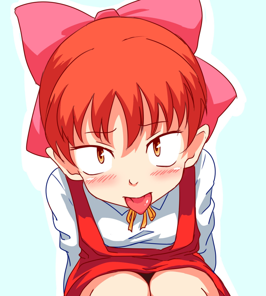 1girl, :p, blush, bow, dress, gegege_no_kitarou, highres, leaning_forward, looking_at_viewer, nairage, nekomusume, nekomusume_(gegege_no_kitarou_5), pinafore_dress, pink_bow, pointy_ears, red_dress, redhead, shirt, short_hair, solo, tongue, tongue_out, white_shirt, yellow_eyes