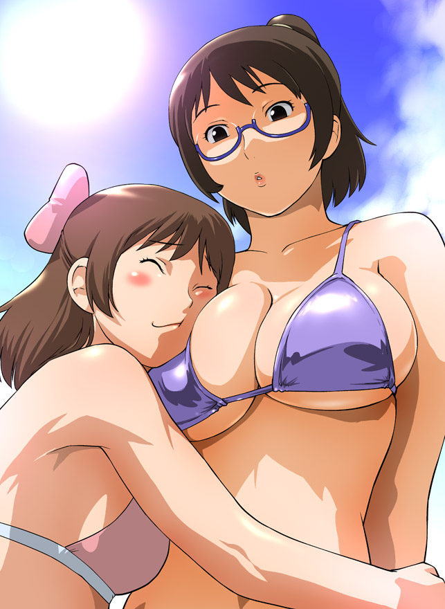 aoi_minamo, armpit, beach, bikini, breast_pillow, breast_press, breasts, brown_hair