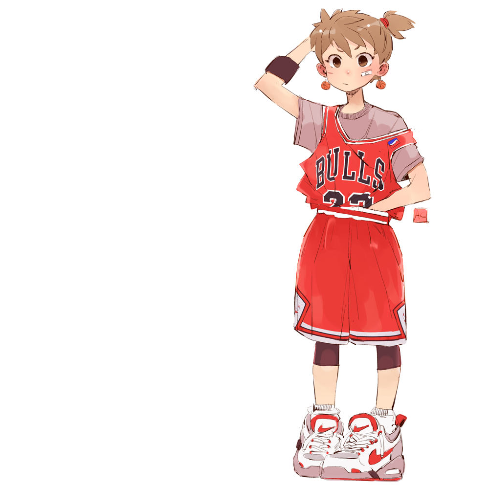 1girl, andrea_cofrancesco, bandaid, bandaid_on_face, basketball_uniform, bike_shorts, bike_shorts_under_shorts, brown_eyes, brown_hair, chicago_bulls, earrings, flat_chest, full_body, jewelry, michael_jordan, national_basketball_association, nike, one_side_up, oversized_clothes, pigeon-toed, shirt, shoes, shorts, sneakers, socks, solo, sportswear, t-shirt, tomboy, white_background
