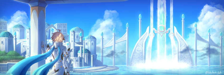 1boy, ahoge, armor, artist_request, blonde_hair, brown_hair, chung_seiker, city