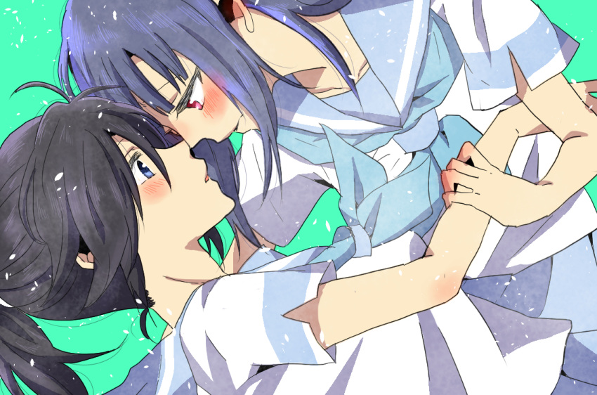2girls, black_hair, blue_eyes, blue_hair, blue_neckwear, blue_skirt, blush, face-to-face