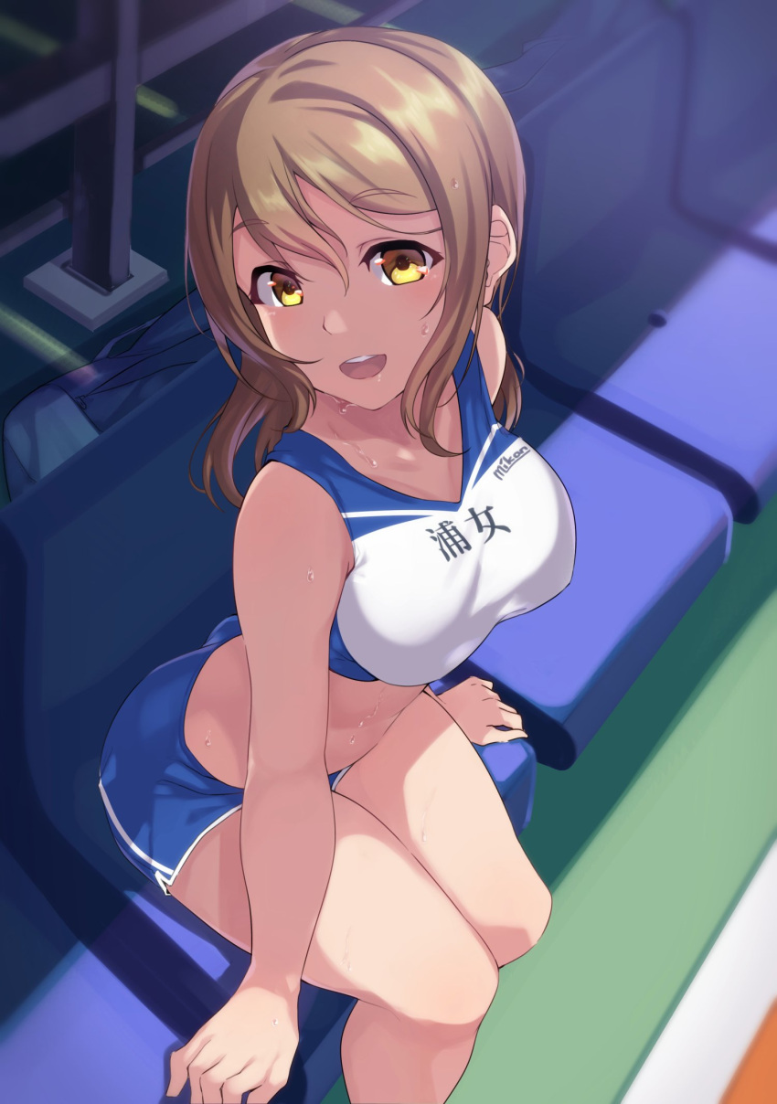 1girl, :d, bare_shoulders, blue_shorts, blurry, breasts, brown_hair, commentary_request, crop_top, depth_of_field, eyebrows_visible_through_hair, from_above, gym_shorts, highres, kunikida_hanamaru, looking_at_viewer, love_live!, love_live!_sunshine!!, medium_breasts, medium_hair, midriff, open_mouth, short_shorts, shorts, sidelocks, sitting, sleeveless, smile, solo, sweat, thighs, track_uniform, yamaori_(yamaorimon), yellow_eyes
