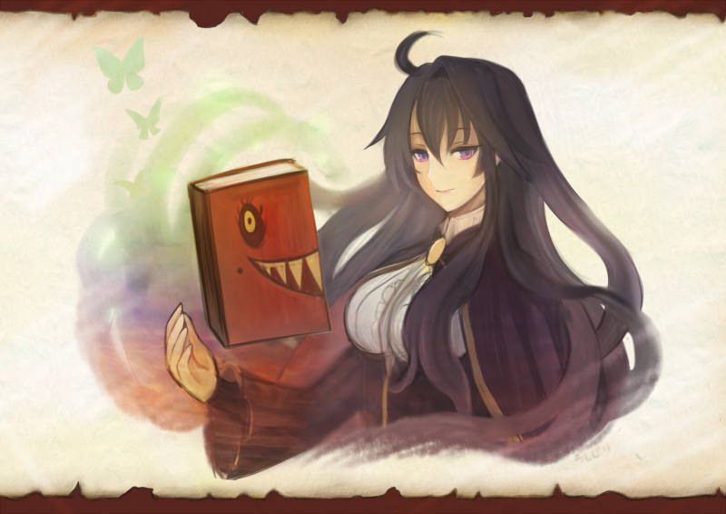 1girl, ahoge, black_hair, book, breasts, bug, butterfly, dronia_(refrain)