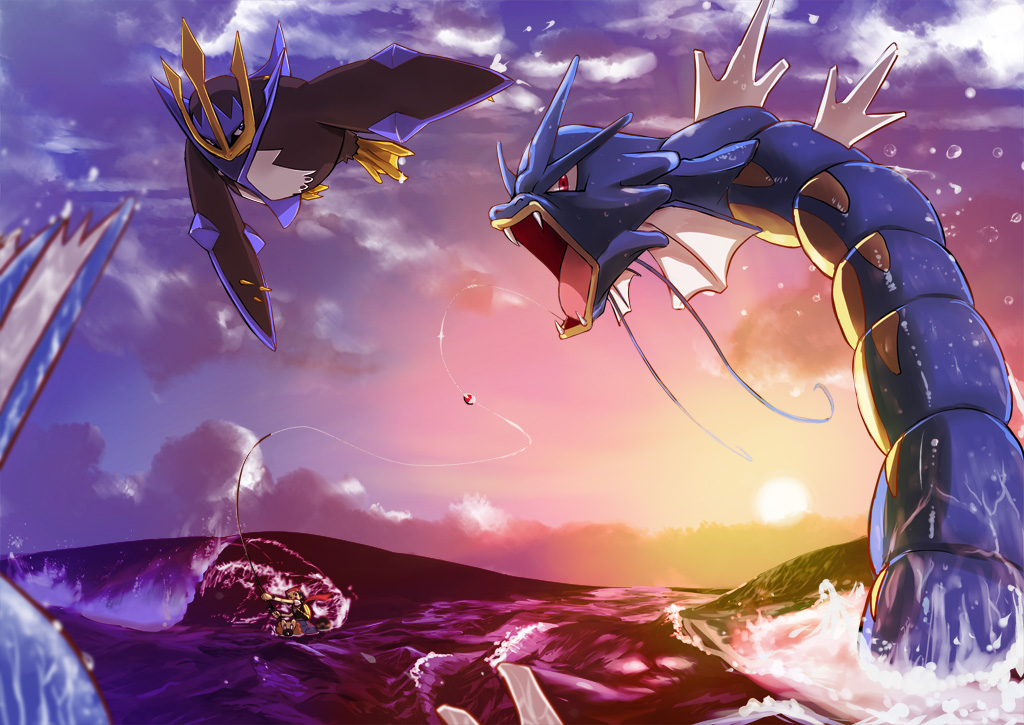 1boy, battle, bibarel, bird, cloud, cojibou, diamond_(pokemon), empoleon