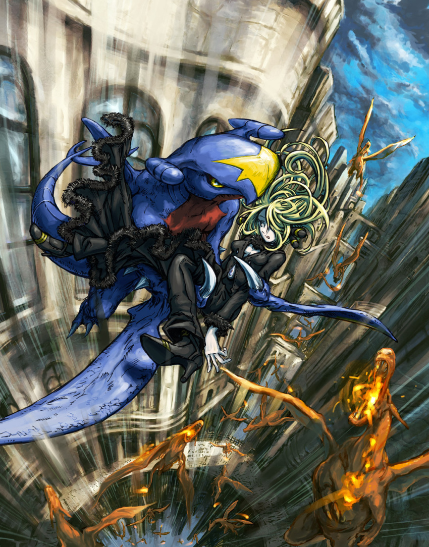 1girl, anthro, architecture, battle, black_sclera, blonde_hair, carrying, charizard