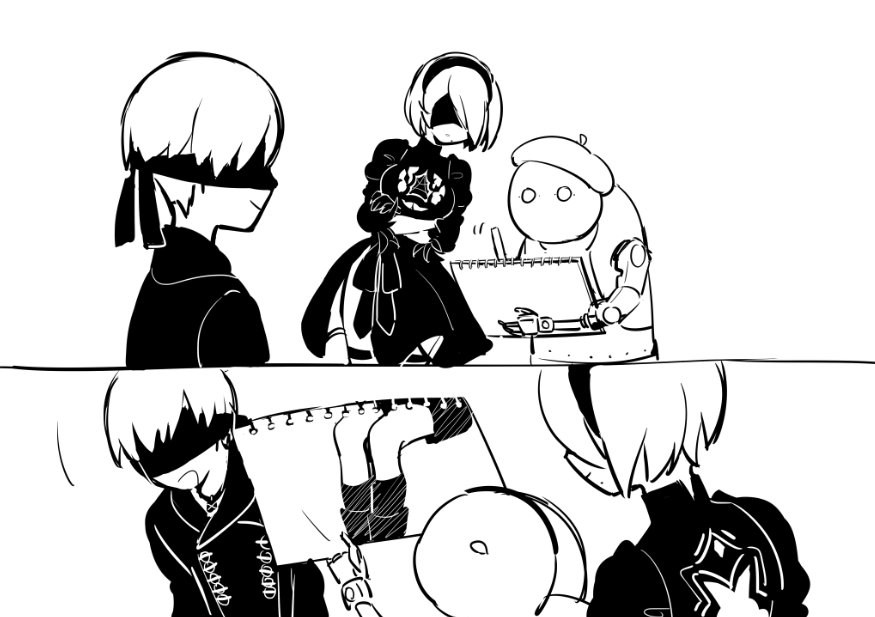 1boy, 1girl, beret, blindfold, comic, drawing, greyscale, hat, holding, kumaponn, machine_(nier), mole, mole_under_mouth, monochrome, nier_(series), nier_automata, open_mouth, robot, short_hair, silent_comic, white_background, yorha_no._2_type_b, yorha_no._9_type_s