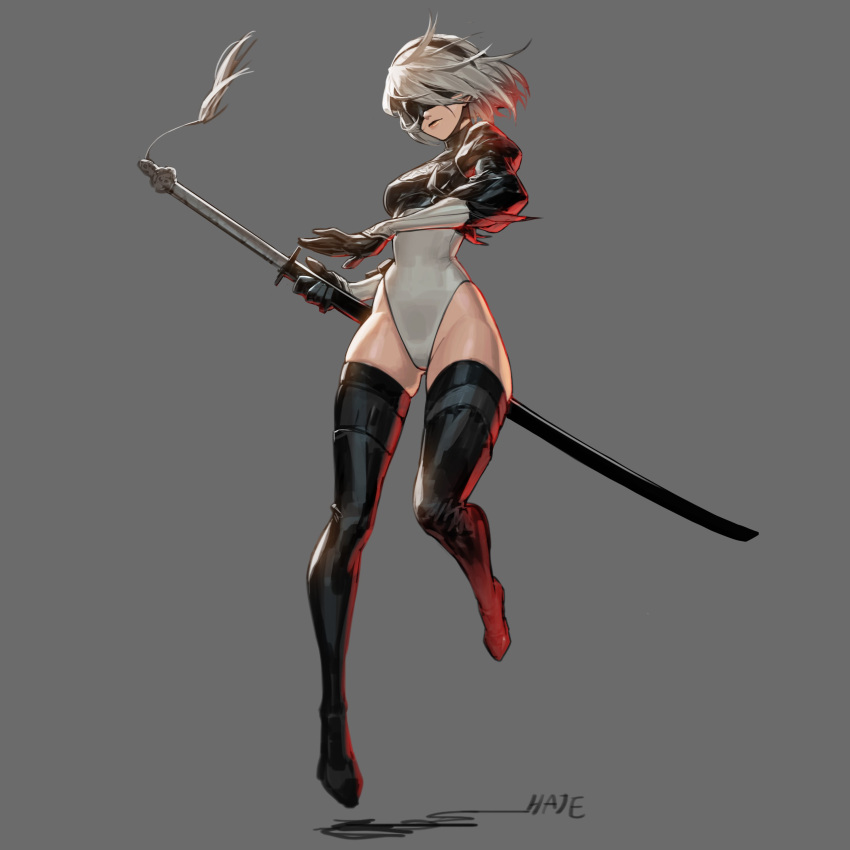 1girl, absurdres, artist_name, black_gloves, black_legwear, blindfold, boots, breasts