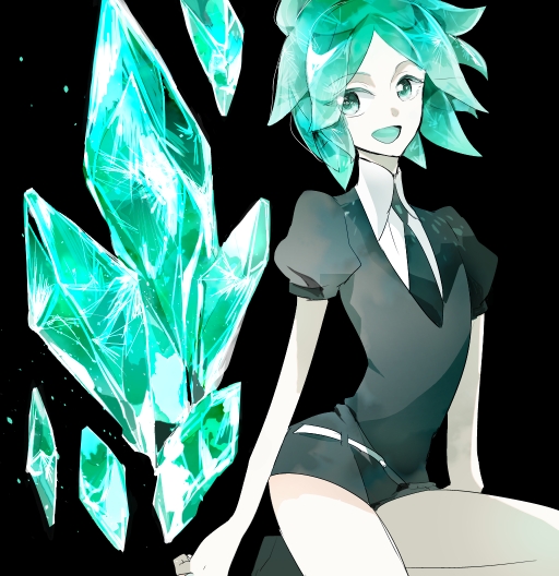 1other, black_neckwear, black_shorts, collared_shirt, crystal_hair, gem_uniform_(houseki_no_kuni), green_hair, houseki_no_kuni