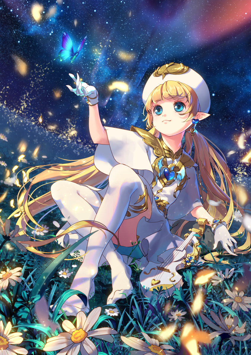 1girl, bangs, blonde_hair, blue_eyes, bracelet, bug, butterfly, capelet