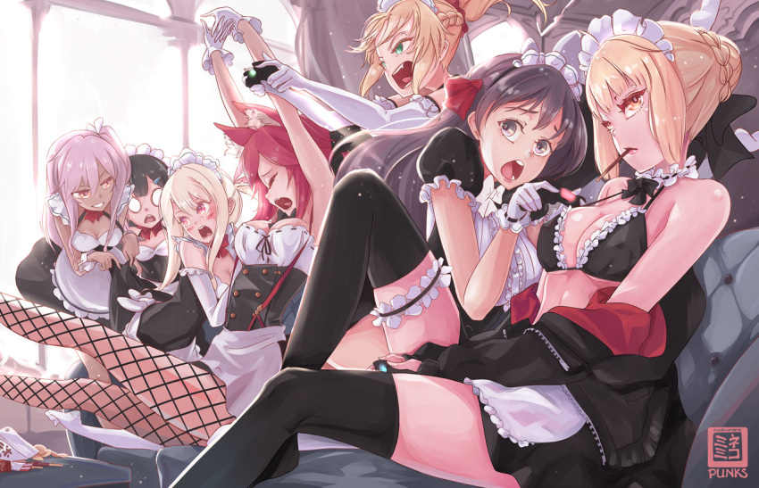 6+girls, :o, alternate_costume, animal_ears, apron, arms_up, artoria_pendragon_(all), bangs, black_bra, black_eyes, black_hair, black_legwear, blonde_hair, blush, bra, braid, breasts, chloe_von_einzbern, choker, cleavage, closed_eyes, clothes_down, commentary, commentary_request, controller, crown, curtains, d:, dark_skin, double-breasted, dress, dress_lift, elbow_gloves, enmaided, fate/apocrypha, fate/kaleid_liner_prisma_illya, fate/stay_night, fate_(series), fishnet_pantyhose, fishnets, food, french_braid, frilled_bra, frilled_choker, frilled_gloves, frills, game_controller, gloves, green_eyes, grey_hairclip, grin, hair_ornament, hair_ribbon, hairclip, illyasviel_von_einzbern, knee_up, large_breasts, lavender_hair, leg_garter, lifted_by_another, long_hair, maid, maid_headdress, matou_sakura, medium_breasts, miyu_edelfelt, mordred_(fate), mordred_(fate)_(all), mouth_hold, multiple_girls, nekomimipunks, o_o, one_side_up, open_mouth, pantyhose, pink_hair, platinum_blonde, playing_games, pocky, red_eyes, red_ribbon, redhead, revision, ribbon, ribbon-trimmed_gloves, ribbon_trim, saber_alter, side_ponytail, signature, sitting, smile, snack, stretch, suspenders, tamamo_(fate)_(all), tamamo_no_mae_(fate), thigh-highs, underwear, waist_apron, white_choker, white_gloves, window, wrist_cuffs, yawning, yuri