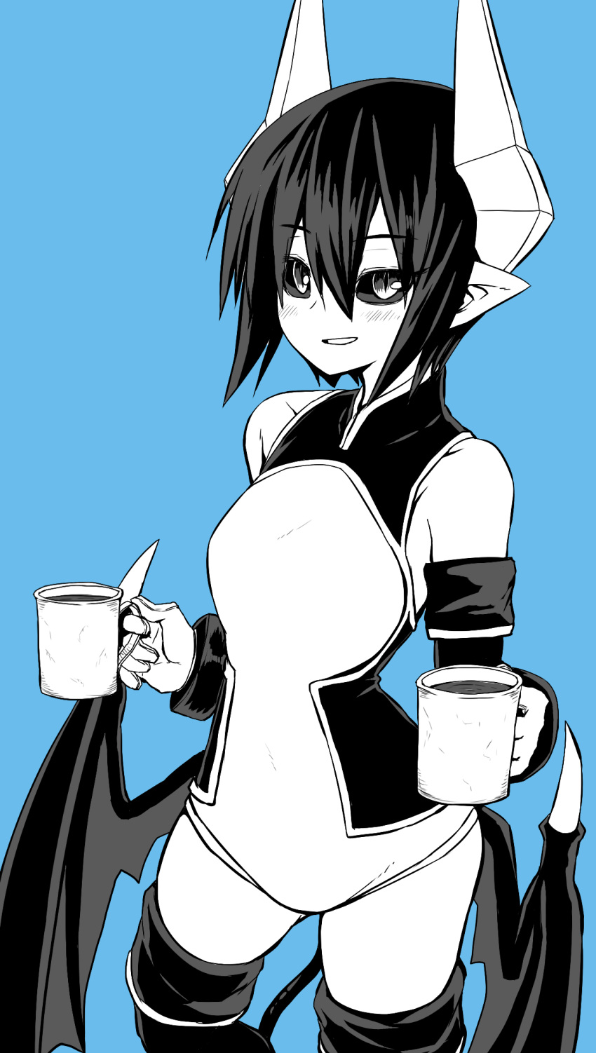 1girl, black_sclera, blue_background, blush, coffee, coffee_mug, contrapposto, cup