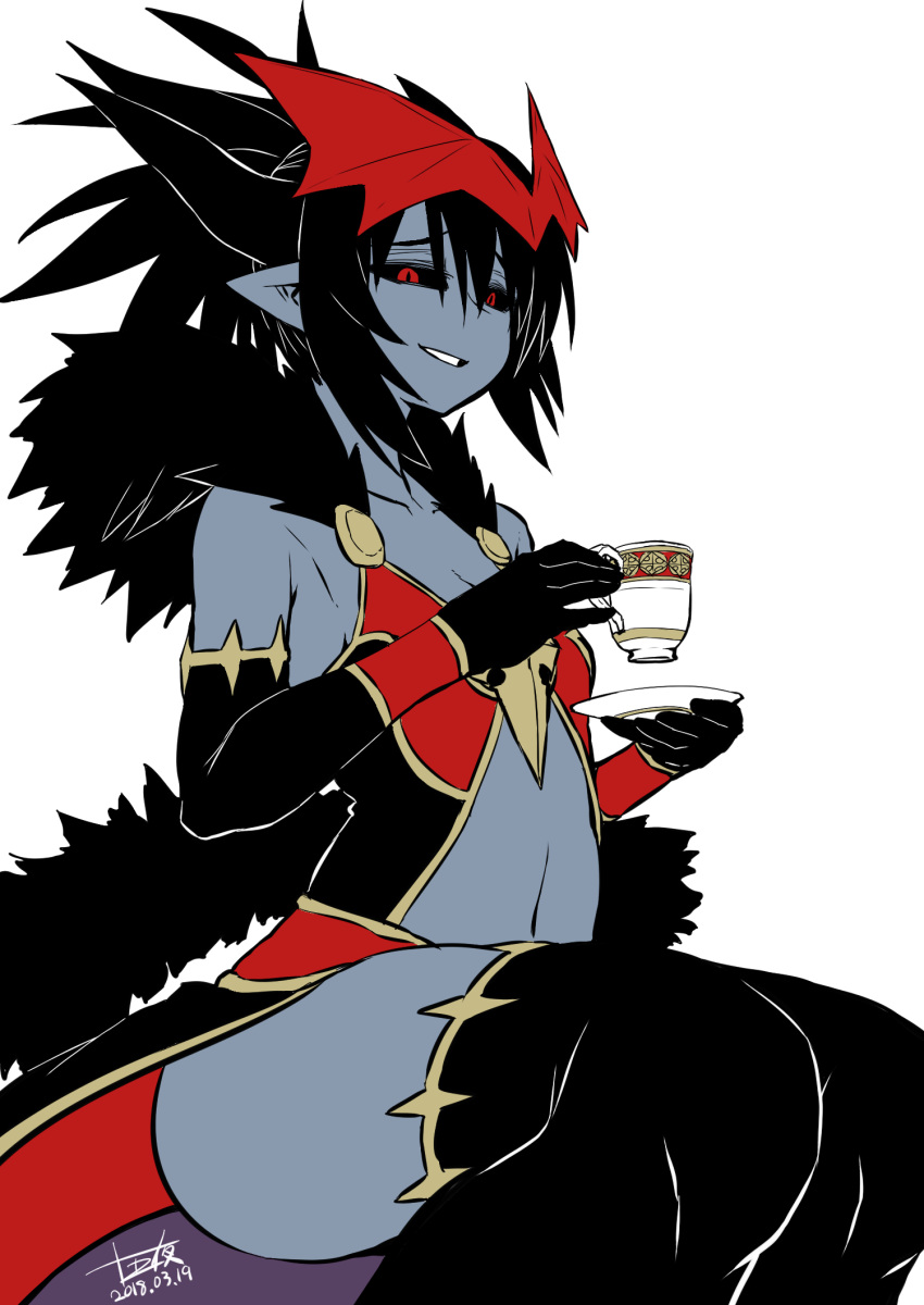 1girl, bare_shoulders, black_gloves, black_hair, black_legwear, blue_skin, breasts, cleavage
