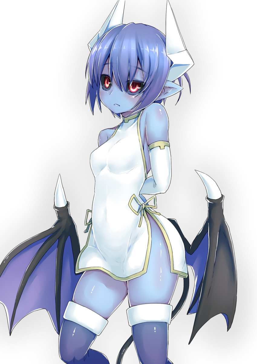 1girl, black_sclera, blue_hair, blue_skin, blush, breasts, contrapposto, demon_girl, demon_horns, demon_tail, demon_wings, dress, elbow_gloves, gloves, hair_between_eyes, highres, horns, impossible_clothes, juugoya_(zyugoya), looking_at_viewer, low_wings, parted_lips, pointy_ears, purple_legwear, red_eyes, seizaverus, shinrabanshou, short_dress, short_hair, skin_tight, small_breasts, solo, standing, tail, thigh-highs, white_dress, white_gloves, wings