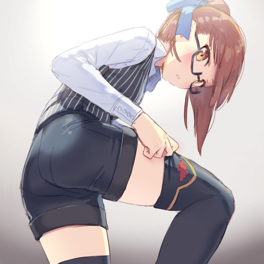 1girl, adjusting_clothes, adjusting_legwear, ass, black_vest, blue_bow, blush, botsuo_ingen