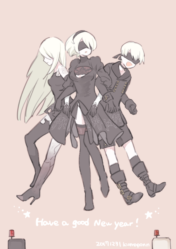 1boy, 2girls, artist_name, bare_shoulders, black_dress, black_footwear, black_hairband, black_legwear