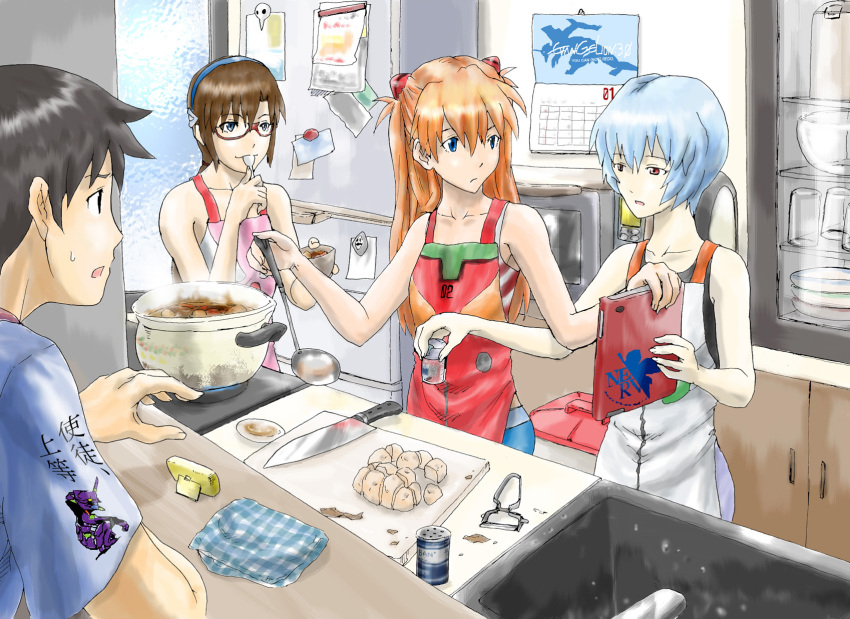 3girls, angel_(evangelion), apron, ayanami_rei, bare_shoulders, black_hair, blue_eyes, blue_hair, blue_shirt, book, brown_hair, butcher_knife, calendar_(object), commentary_request, cooking, cutting_board, eva_01, evangelion:_3.0_you_can_(not)_redo, glass, highres, holding, holding_book, ikari_shinji, kitchen, ladle, long_hair, magnet, makinami_mari_illustrious, millipen_(medium), multiple_girls, neon_genesis_evangelion, orange_hair, plate, pot, rebuild_of_evangelion, red-framed_eyewear, red_eyes, refrigerator, refrigerator_magnet, sachiel, semi-rimless_eyewear, shirt, short_hair, short_sleeves, sink, souryuu_asuka_langley, spoon_in_mouth, squatting, steam, suimame, sweatdrop, t-shirt, traditional_media, two_side_up, under-rim_eyewear, zeruel