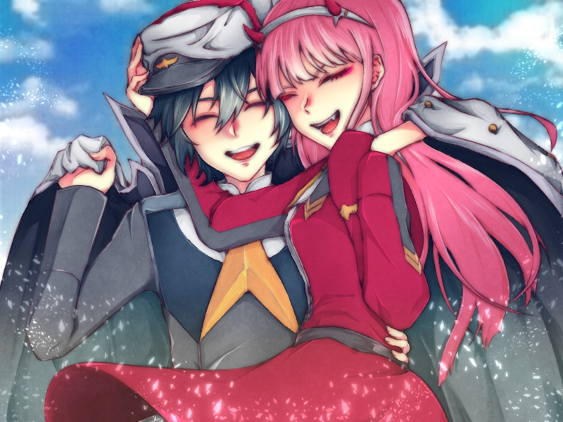 1boy, 1girl, black_hair, closed_eyes, coat, commentary, couple, darling_in_the_franxx, english_commentary, hairband, hand_on_another's_head, hat, hiro_(darling_in_the_franxx), holding_clothes, horns, long_hair, military, military_uniform, necktie, oni_horns, open_clothes, open_coat, orange_neckwear, peaked, pink_hair, short_hair, uniform, user_nprw3335, white_hairband, zero_two_(darling_in_the_franxx)