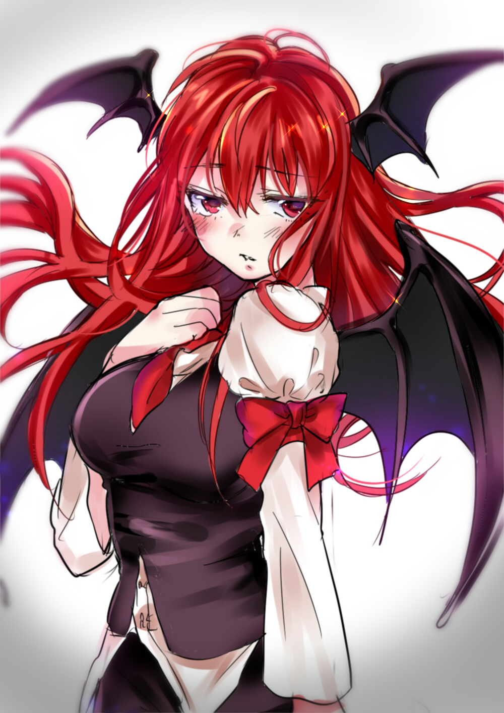 1girl, arm_ribbon, armband, bat_wings, black_vest, blurry, blush, bow
