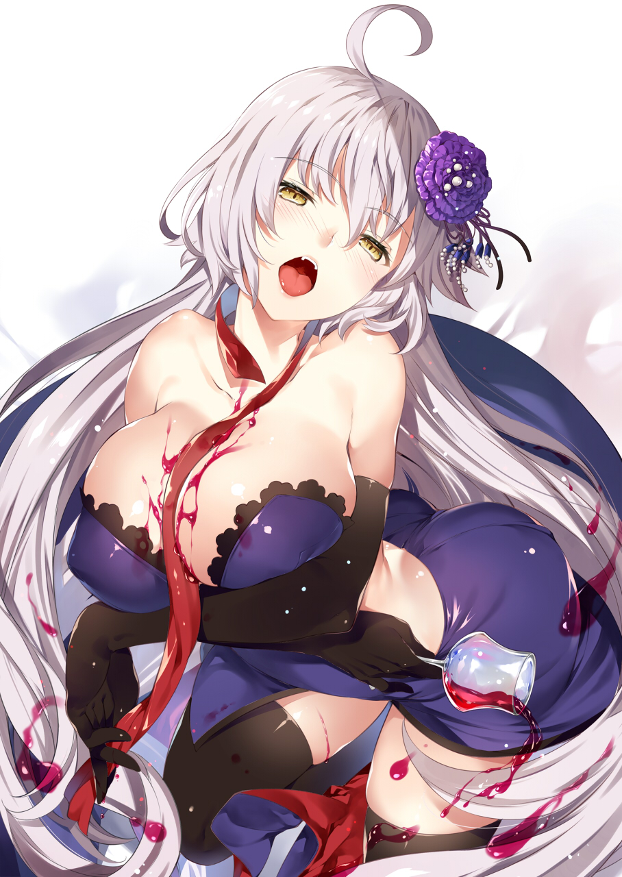 1girl, ahoge, bangs, black_gloves, black_legwear, blue_dress, breasts, cleavage