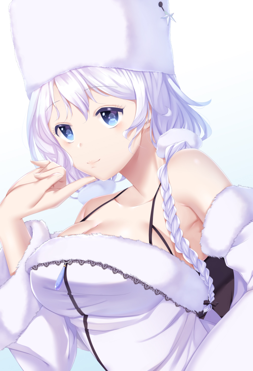 1girl, armpits, avrora_(azur_lane), azur_lane, bangs, bare_shoulders, blue_eyes, blush, braid, breasts, cleavage, collarbone, darkmiso, detached_sleeves, dress, eyebrows_visible_through_hair, finger_to_cheek, fur_trim, hair_between_eyes, hat, highres, large_breasts, long_hair, long_sleeves, looking_away, simple_background, smile, solo, star, twin_braids, very_long_hair, white_dress, white_hat