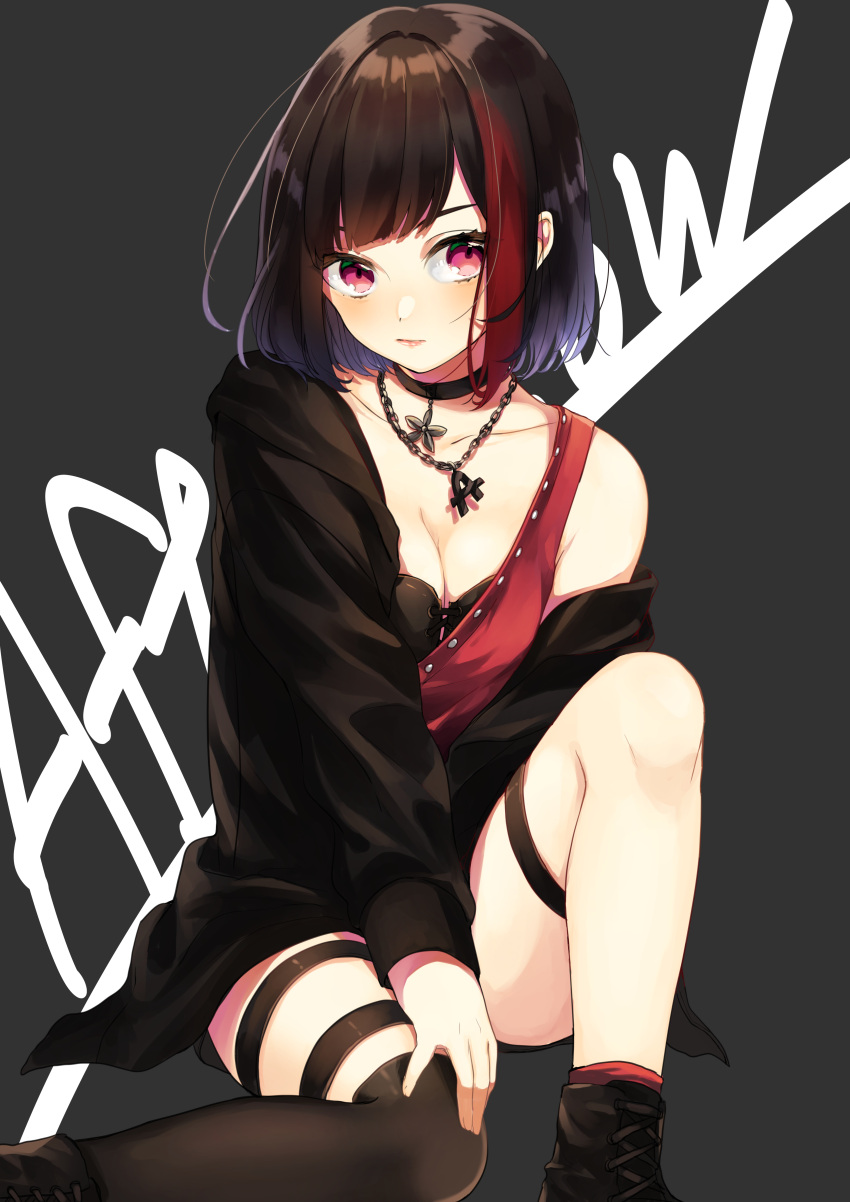 1girl, absurdres, bang_dream!, bangs, black_bra, black_choker, black_footwear, black_hair