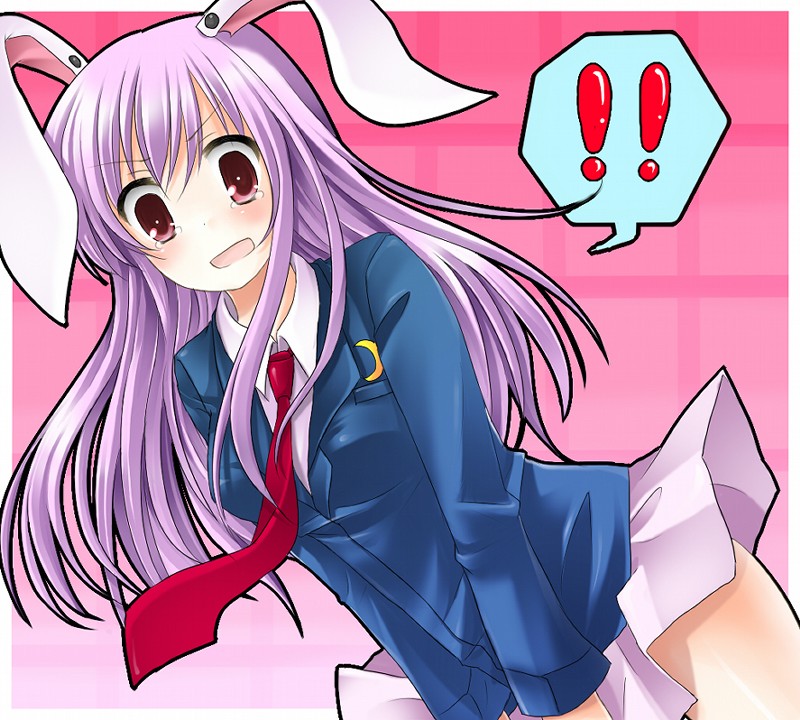 !, animal_ears, blush, bunny_ears, long_hair, necktie, open_mouth, purple_hair