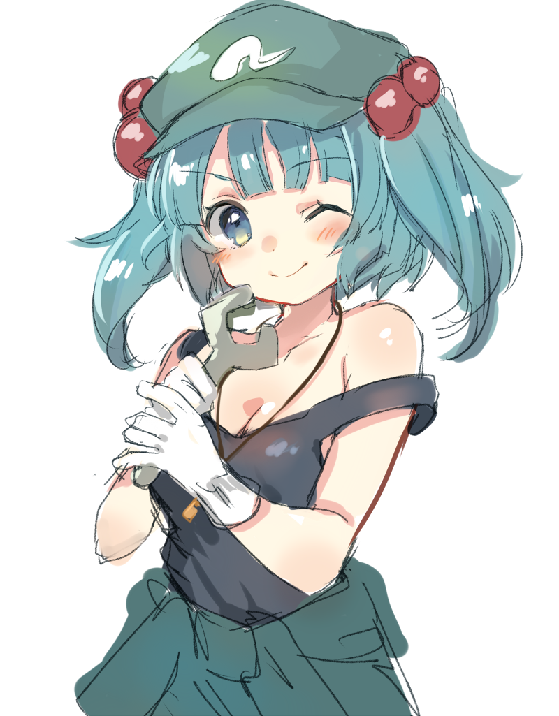 1girl, ;), aqua_eyes, aqua_hair, bangs, bare_shoulders, blush, breasts, cleavage, closed_mouth, clothes_around_waist, collarbone, commentary_request, coveralls, eyebrows_visible_through_hair, gloves, green_hat, hair_bobbles, hair_ornament, hat, holding, kawashiro_nitori, looking_at_viewer, one_eye_closed, paragasu_(parags112), peaked_cap, short_hair, simple_background, sleeveless, small_breasts, smile, solo, strap_slip, touhou, twintails, two_side_up, upper_body, white_background, white_gloves, wrench