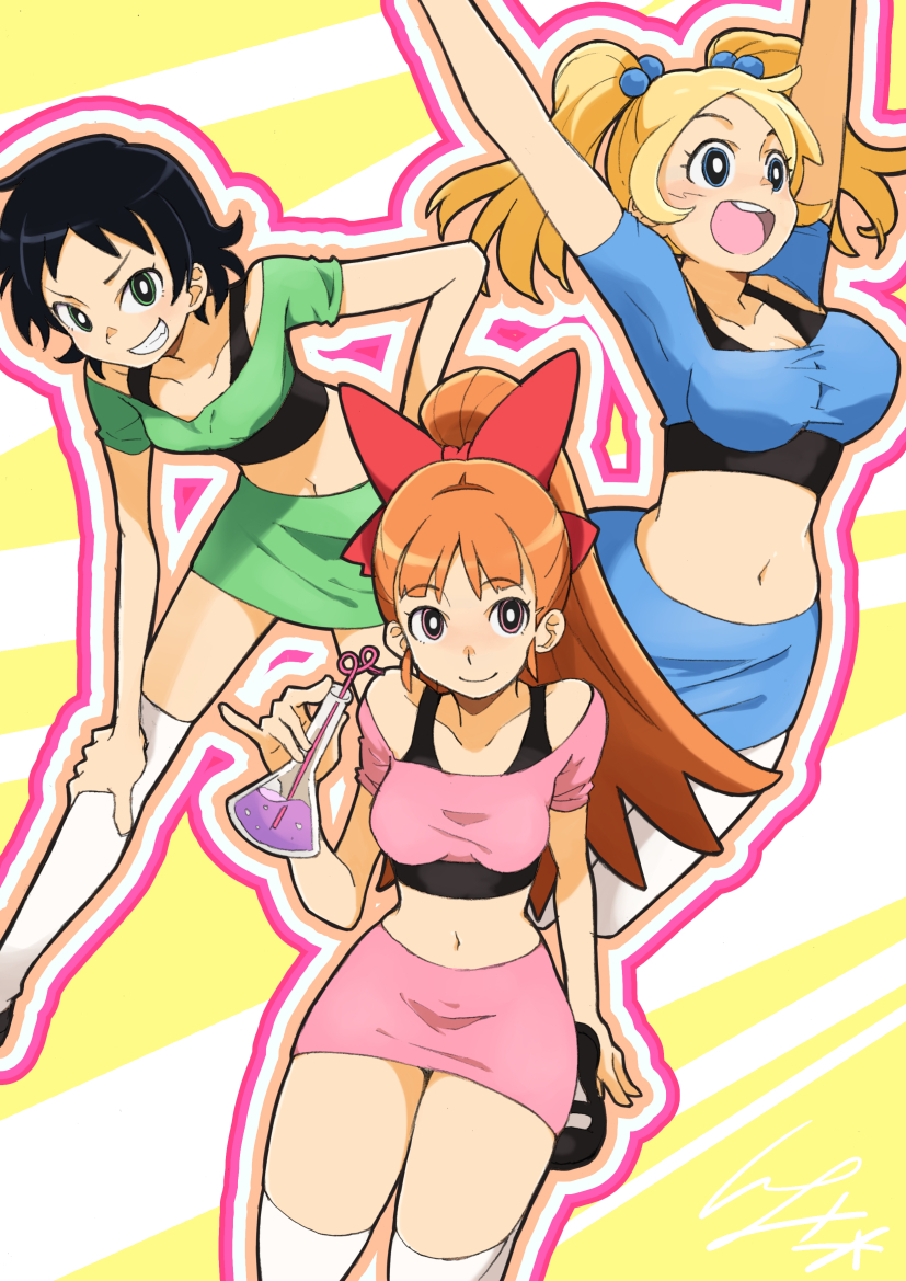 3girls, :d, arms_up, bangs, bare_shoulders, beaker, bendy_straw, black_footwear